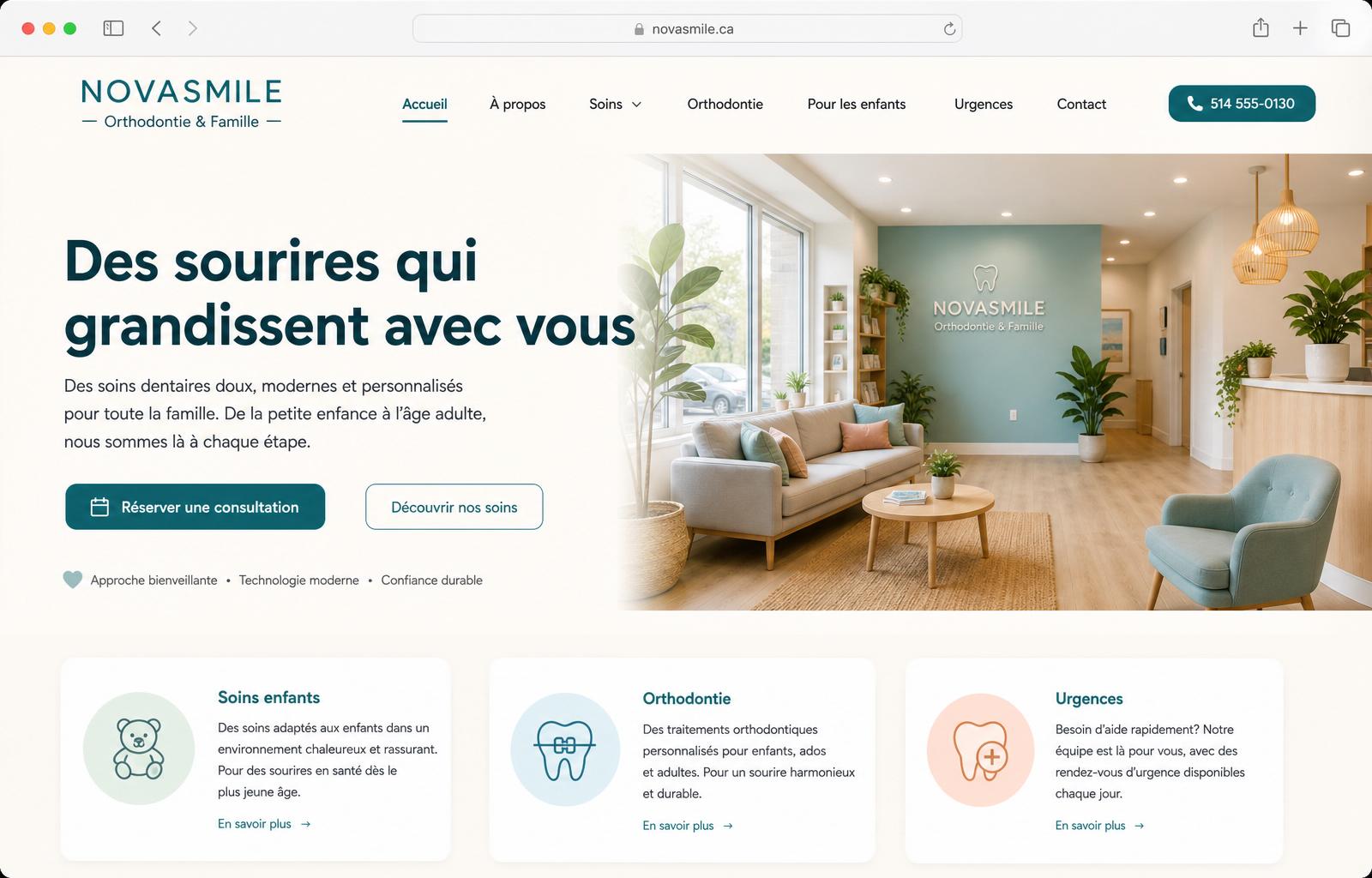 Concept NovaSmile — site chaleureux pour orthodontie familiale